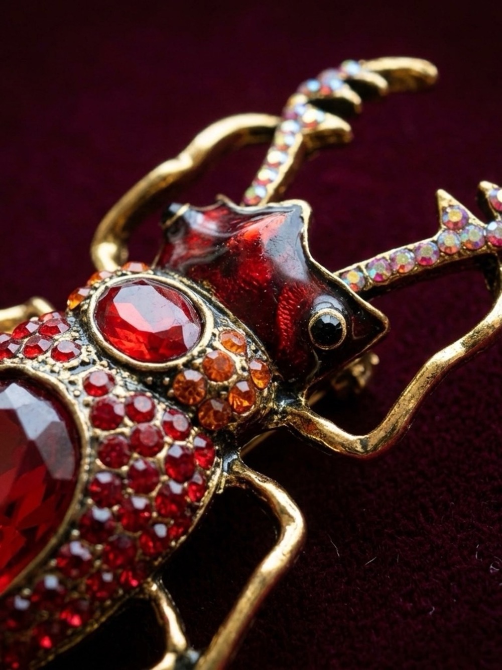American Vintage Red and Orange Crystal Beetle Brooch